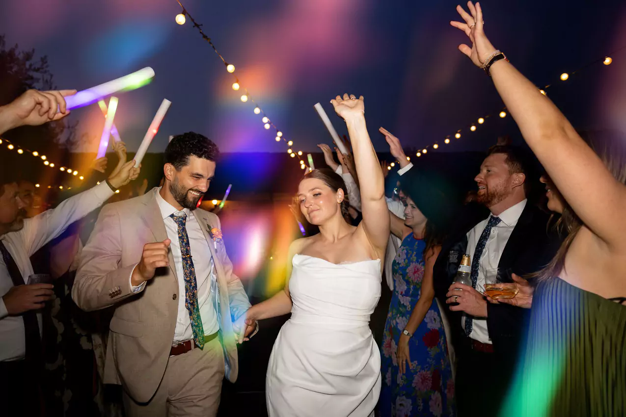 Wedding celebration with dancing and lights